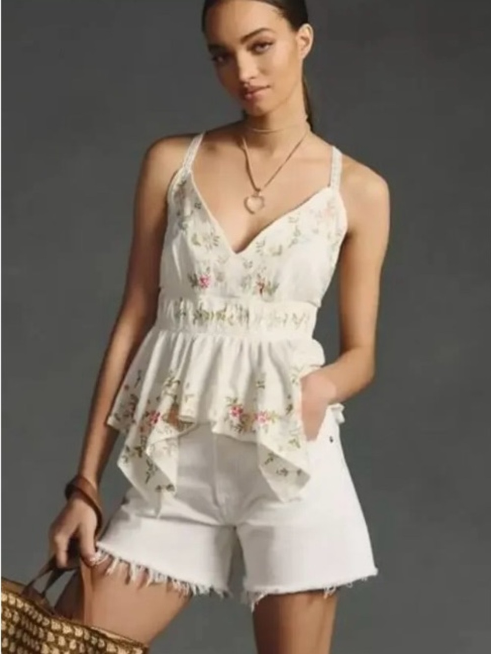 Anthropologie Embroidered V-Neck Asymmetrical Handkerchief Hem Floral Top XL